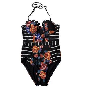 Modcloth Size MEDIUM The Harper Floral and Striped One-Piece Swimsuit